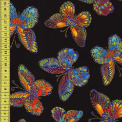 Glimmer farbenfrohe bunte Schmetterlinge mit Goldakzenten auf schwarz Patchworkstoff Timeless Treasures