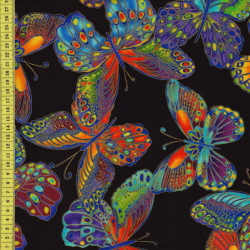Glimmer farbenfrohe bunte Schmetterlinge mit Goldakzenten auf schwarz Patchworkstoff Timeless Treasures