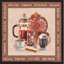 Kaffeepanel 1 - I love Coffee by rosiland solomon for elizabeth studios brauner Rand Patchworkstoff