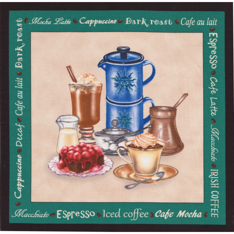 Kaffeepanel 3 - I love Coffee by rosiland solomon for elizabeth studios grüner Rand Patchworkstoff