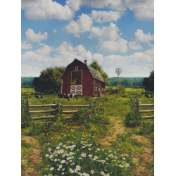 American Byways Scheune in toller Landschaft mit Kühen und Blumen Patchworkstoff Hoffman
