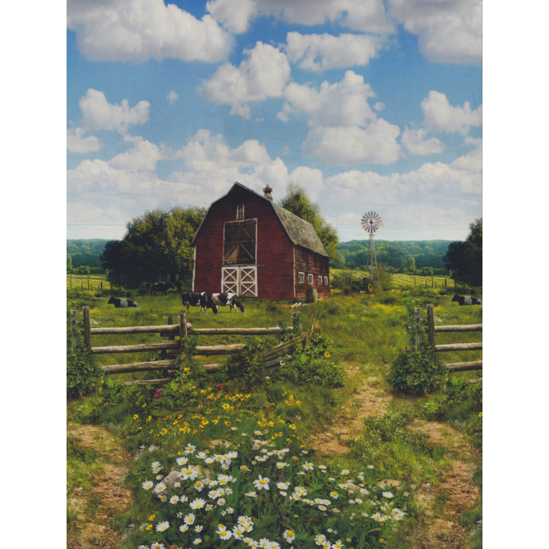 American Byways Scheune in toller Landschaft mit Kühen und Blumen Patchworkstoff Hoffman
