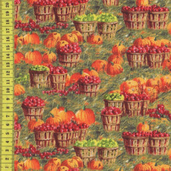 Herbst Harvest Quilts Körbe mit Äpfeln und Kürbissen auf einer Wiese Elizabeth Studios Patchworkstoff